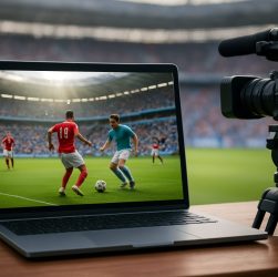 A laptop displaying a live football match with two players engaged in a game, set against a stadium background.