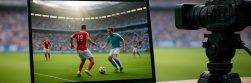 A laptop displaying a live football match with two players engaged in a game, set against a stadium background.
