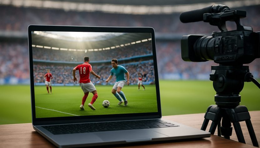 A laptop displaying a live football match with two players engaged in a game, set against a stadium background.