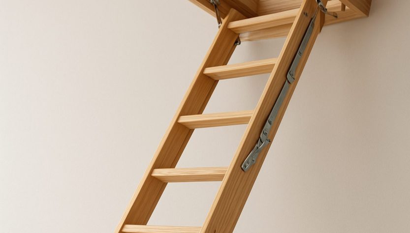 A wooden loft ladder extending from a ceiling in a neutral-toned room, illustrating safety in home access solutions.